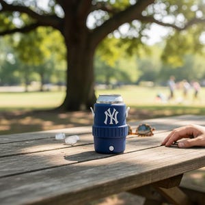 Pode incluir: Um refrigerador de lata azul marinho com o logotipo do New York Yankees em branco. O refrigerador est&aacute; em uma mesa de piquenique de madeira com cubos de gelo e &oacute;culos de sol. O fundo mostra um parque com uma grande &aacute;rvore e pessoas.