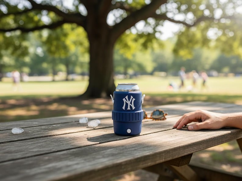 Pode incluir: Um refrigerador de lata azul marinho com o logotipo do New York Yankees em branco. O refrigerador est&aacute; em uma mesa de piquenique de madeira com cubos de gelo e &oacute;culos de sol. O fundo mostra um parque com uma grande &aacute;rvore e pessoas.