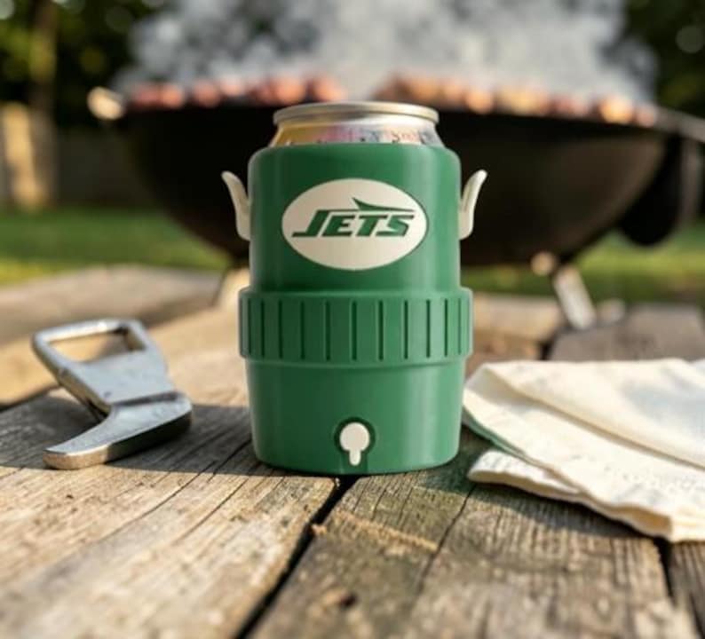 May include: A green insulated can cooler with the New York Jets logo, a silver bottle opener, and a white cloth on a wooden surface. A barbecue grill is in the background.