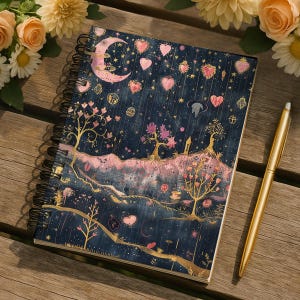 May include: A spiral-bound notebook featuring a dark blue night sky illustration with a pink crescent moon, floating hearts, and golden trees. The cover displays a whimsical landscape with rolling hills and stars. A gold pen rests beside the notebook.