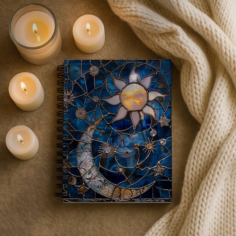 Sun and Moon Stained Glass Spiral Notebook | Celestial Stars Ruled ...