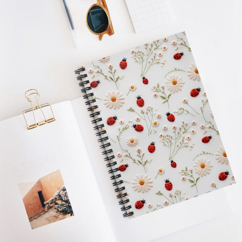 Ladybug Daisy Pattern Spiral Notebook | Spring Floral Ruled Journal - Etsy