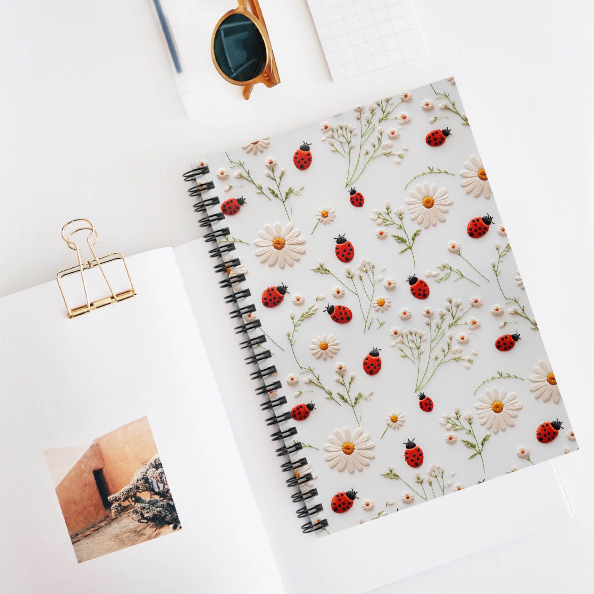 Ladybug Daisy Pattern Spiral Notebook | Spring Floral Ruled Journal - Etsy