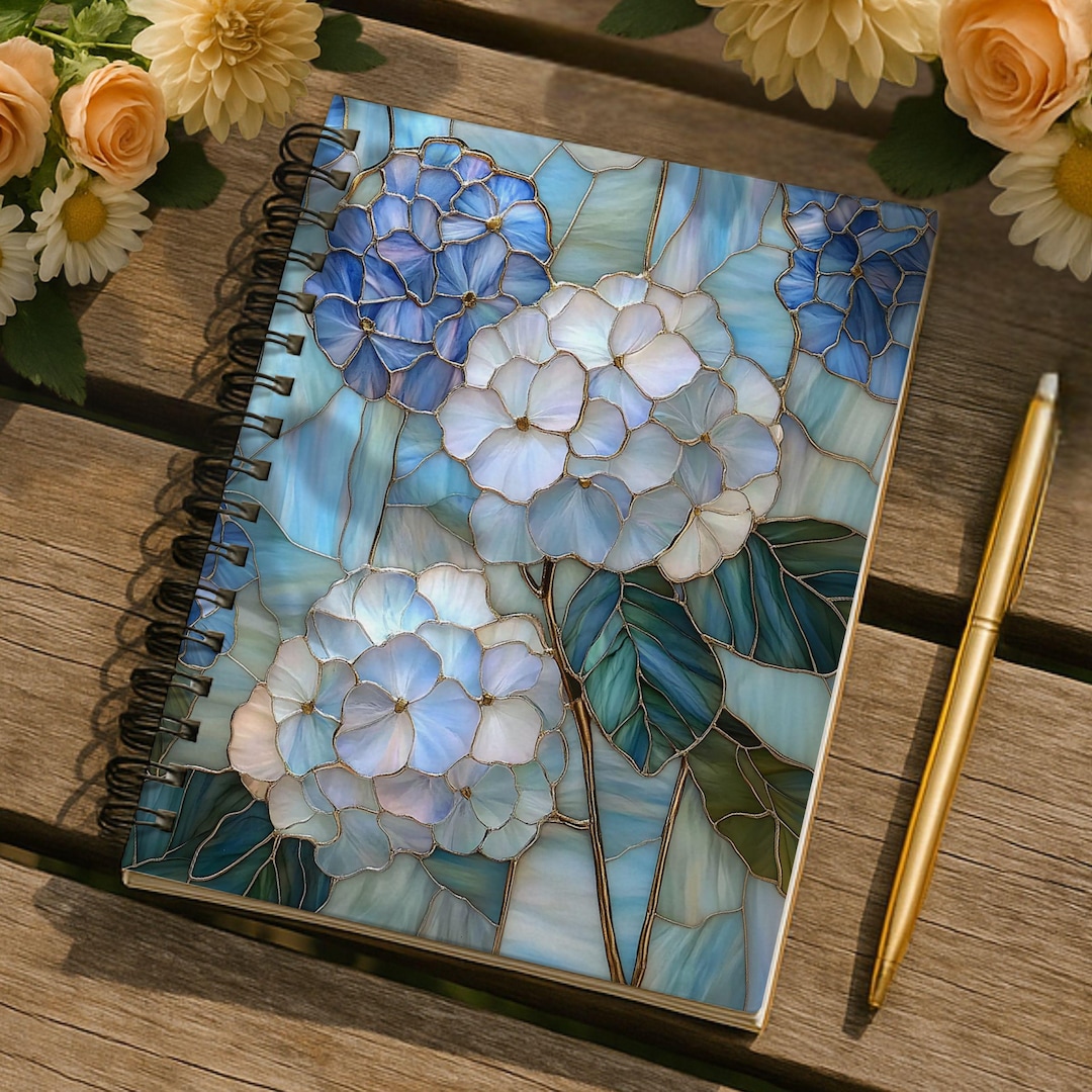 Blue Hydrangea Stained Glass Spiral Notebook | Floral Ruled Lined ...