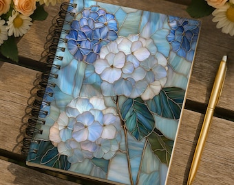 Blue Hydrangea Stained Glass Spiral Notebook | Floral Ruled Lined Journal