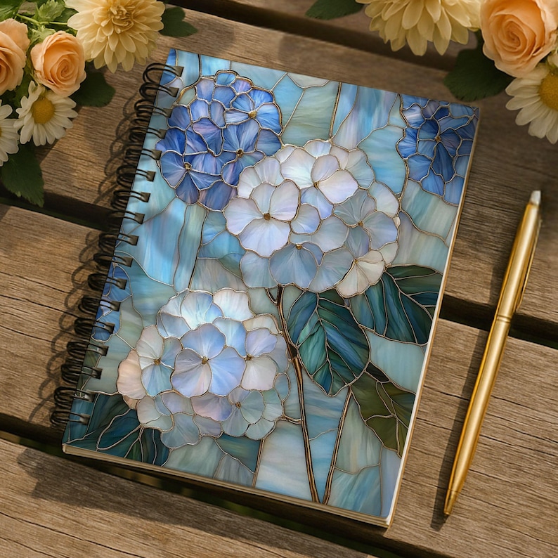 Blue Hydrangea Stained Glass Spiral Notebook | Floral Ruled Lined ...