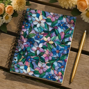 May include: Spiral-bound notebook with a floral stained-glass design in shades of blue, pink, and green. A gold pen rests beside the notebook on a wooden surface, with flowers in the background. The notebook's cover features a detailed pattern of stylized flowers and leaves.