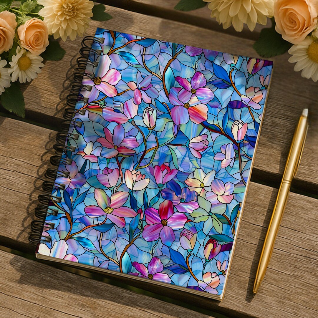 Blue Floral Stained Glass Notebook Spiral Notebook, Spring Flowers ...
