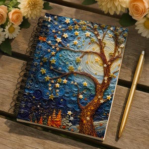 May include: Spiral-bound notebook with a starry night design. The cover features a tree with star-shaped leaves and a full moon. A gold pen rests beside the notebook on a wooden surface. The color palette includes blues, browns, and gold.