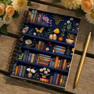 May include: A spiral-bound notebook with a navy blue cover featuring a bookshelf design with colorful books, flowers, and a butterfly. A gold pen rests beside the notebook on a wooden surface. The notebook's design includes a variety of floral and botanical elements.