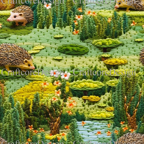 3D Hedgehog Seamless File | Faux Embroidered Hedgehog Digital Paper | Cottagecore Seamless Pattern | DIY Crafts