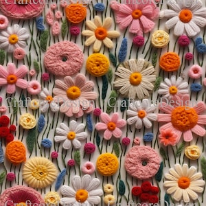 5x Colorful Floral Embroidery Seamless File | Knit Spring Flowers Digital Paper | Cute Floral Seamless Pattern | Quilted Repeat Pattern