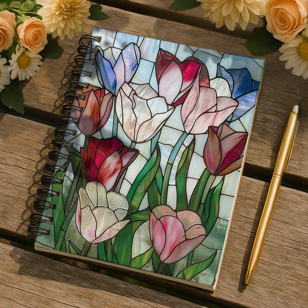Faux Stained Glass Floral Tiles Spiral Notebook | Tulips Lined Ruled ...