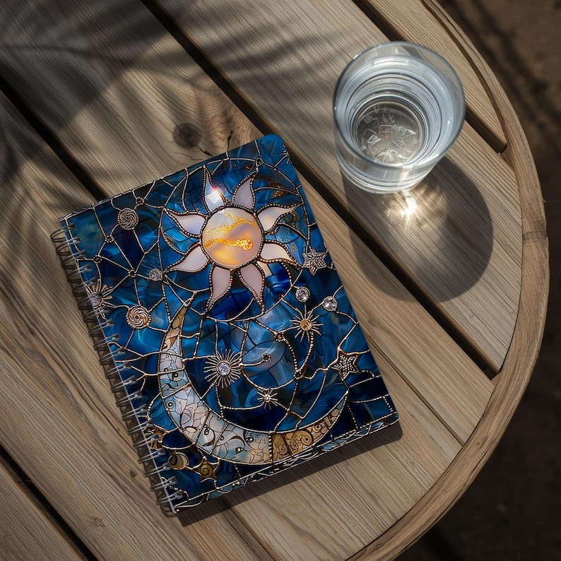 Sun and Moon Stained Glass Spiral Notebook | Celestial Stars Ruled ...