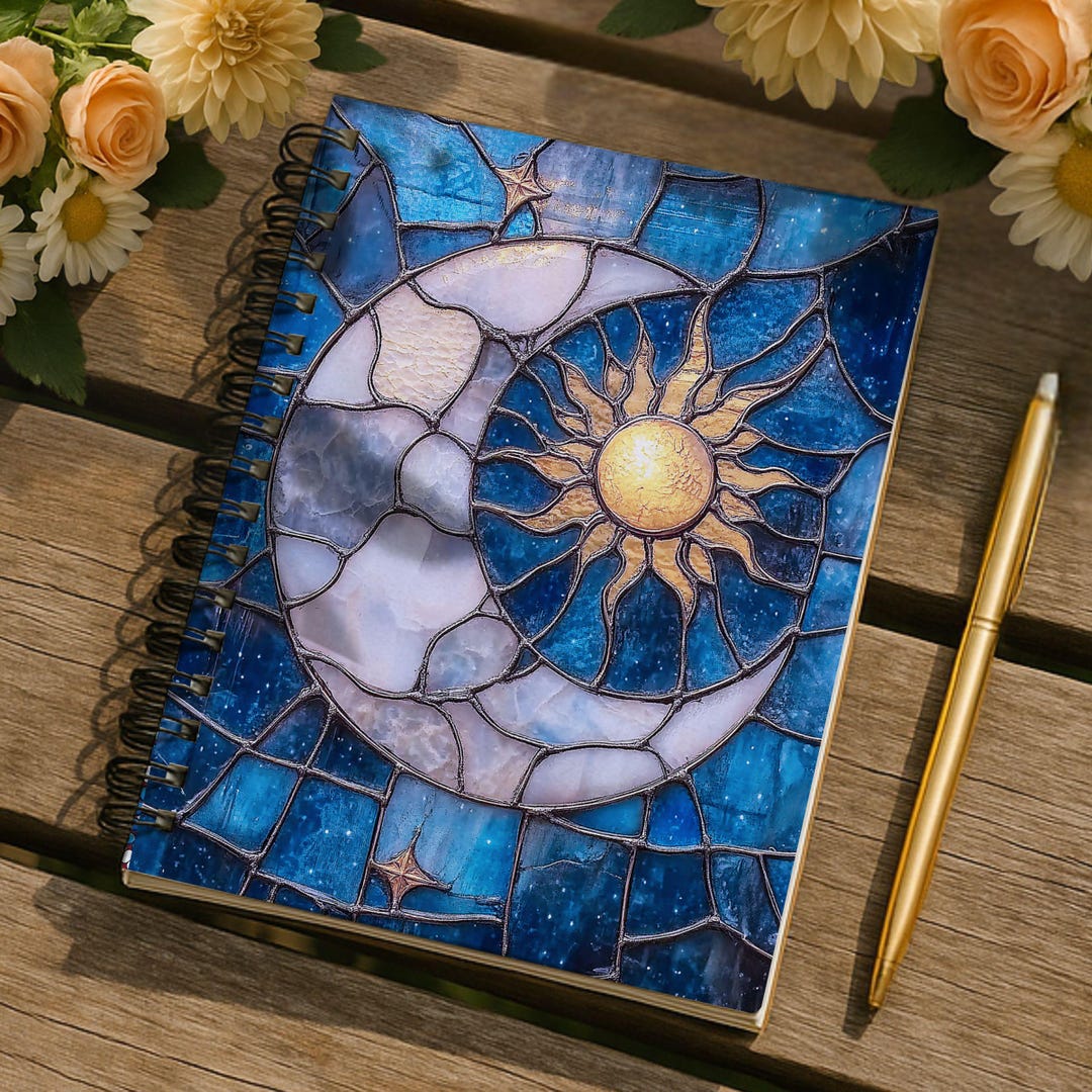 Crescent Moon and Sun Stained Glass Spiral Notebook | Ruled Journal - Etsy
