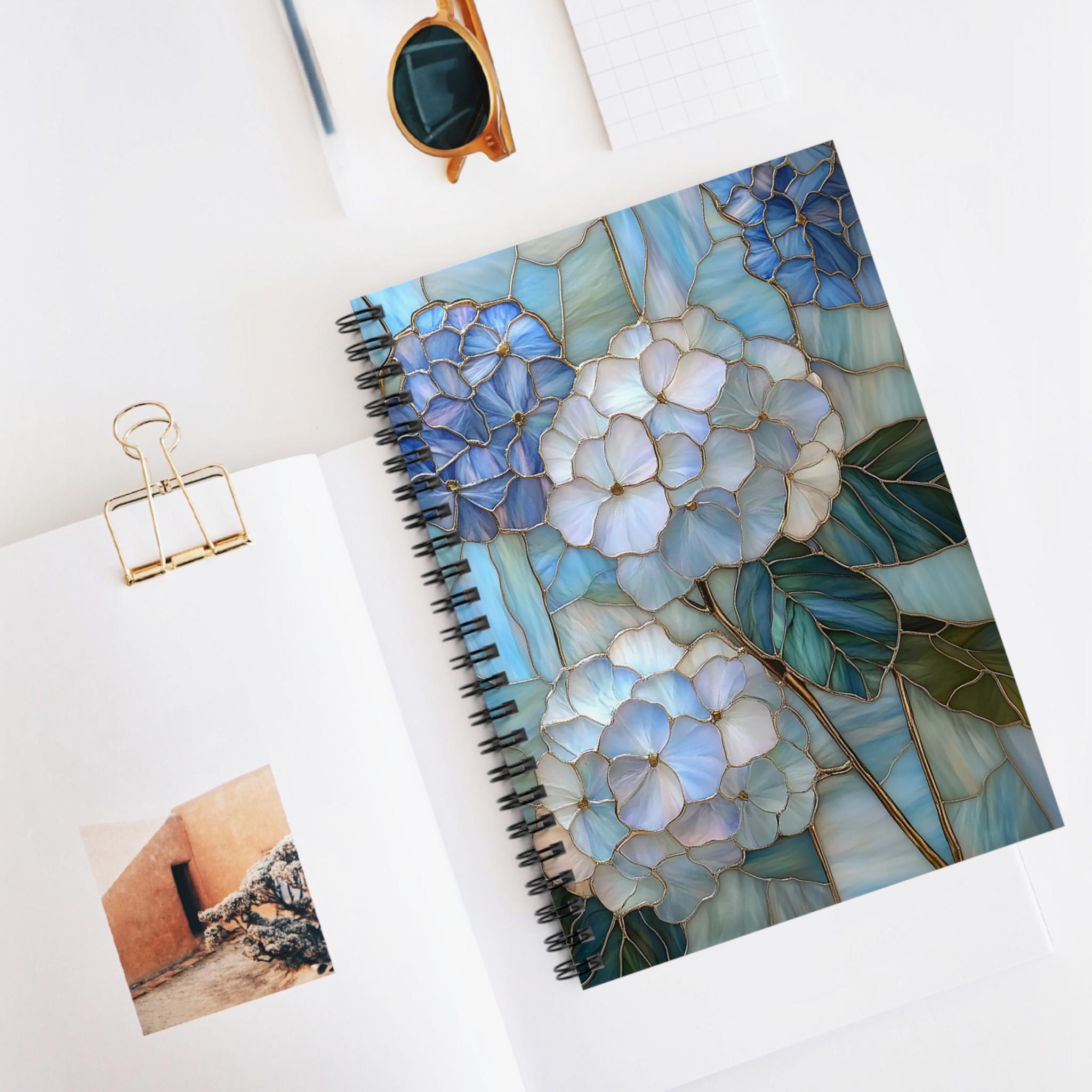 Blue Hydrangea Stained Glass Spiral Notebook | Floral Ruled Lined ...