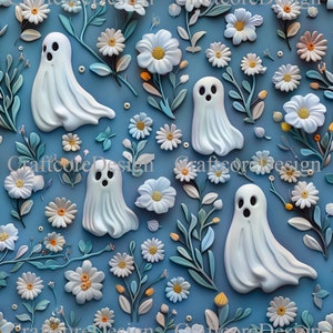 5x Vintage Ghosts In Bloom Seamless File, Floral Ghost Design 3D Digital Paper, Dark Cottagecore Instant Download, Halloween Repeat Pattern
