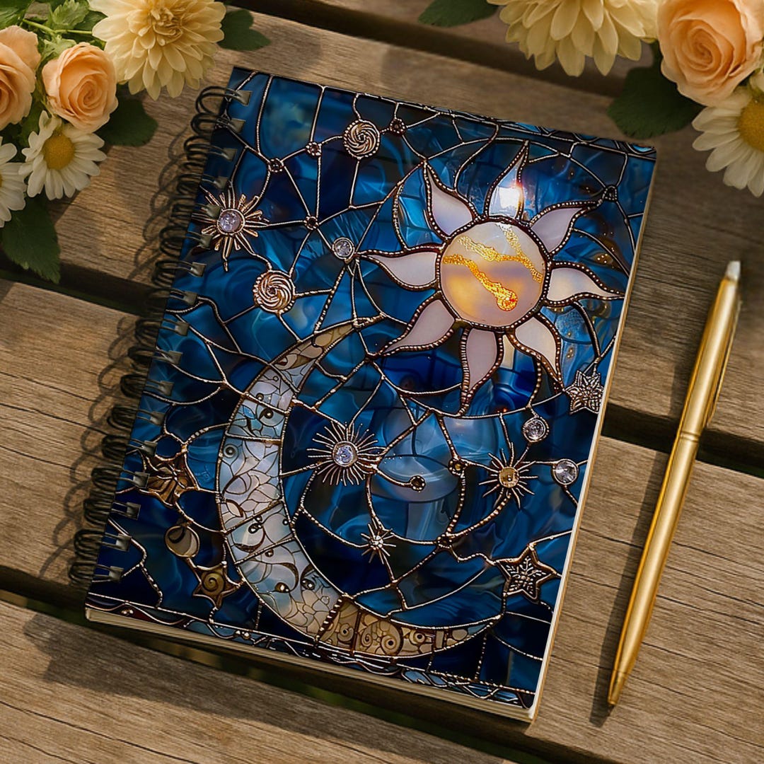 Sun and Moon Stained Glass Spiral Notebook | Celestial Stars Ruled ...