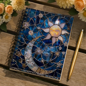 May include: A spiral-bound notebook with a celestial design featuring a sun, moon, and stars in shades of blue, gold, and white. The notebook is paired with a gold pen, set on a wooden surface. The cover has a stained glass effect.