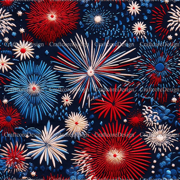 5x Beautiful Fireworks Seamless File | Faux Embroidered 4th Of July Digital Paper | Holiday Celebration Pattern | Red White Blue Design