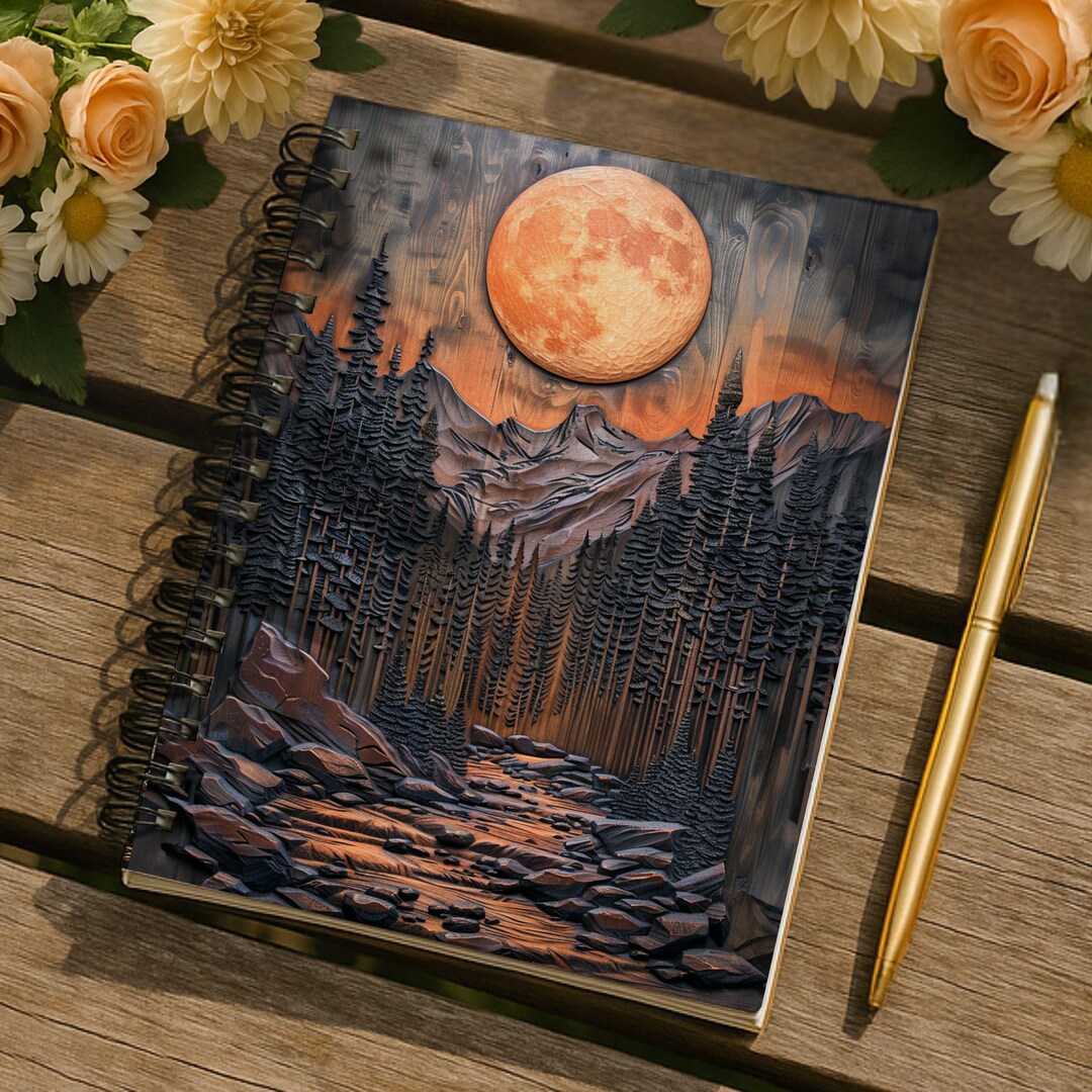 Moonlit Mountain Forest Notebook | Faux Wood Spiral Ruled Journal - Etsy