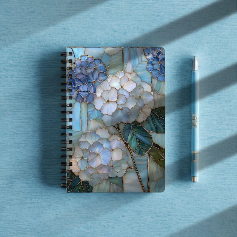 Blue Hydrangea Stained Glass Spiral Notebook | Floral Ruled Lined ...