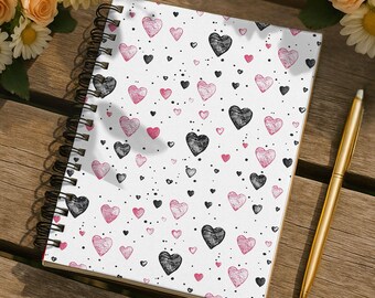 Pink and Black Heart Pattern Spiral Notebook | Ruled Lined Journal