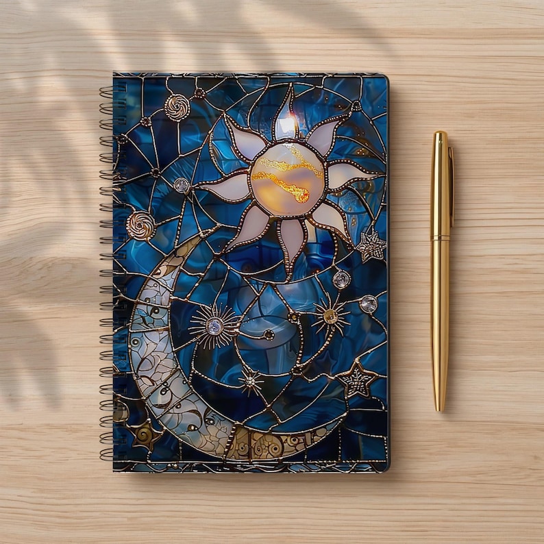 Sun and Moon Stained Glass Spiral Notebook | Celestial Stars Ruled ...