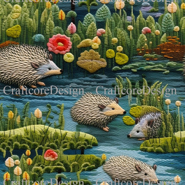 3D Hedgehog Seamless File | Faux Embroidered Hedgehog Digital Paper | Cottagecore Seamless Pattern | DIY Crafts