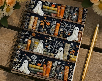 Whimsical Ghosts on Bookshelf Spiral Notebook | Vintage Halloween Ghost Library Ruled Journal