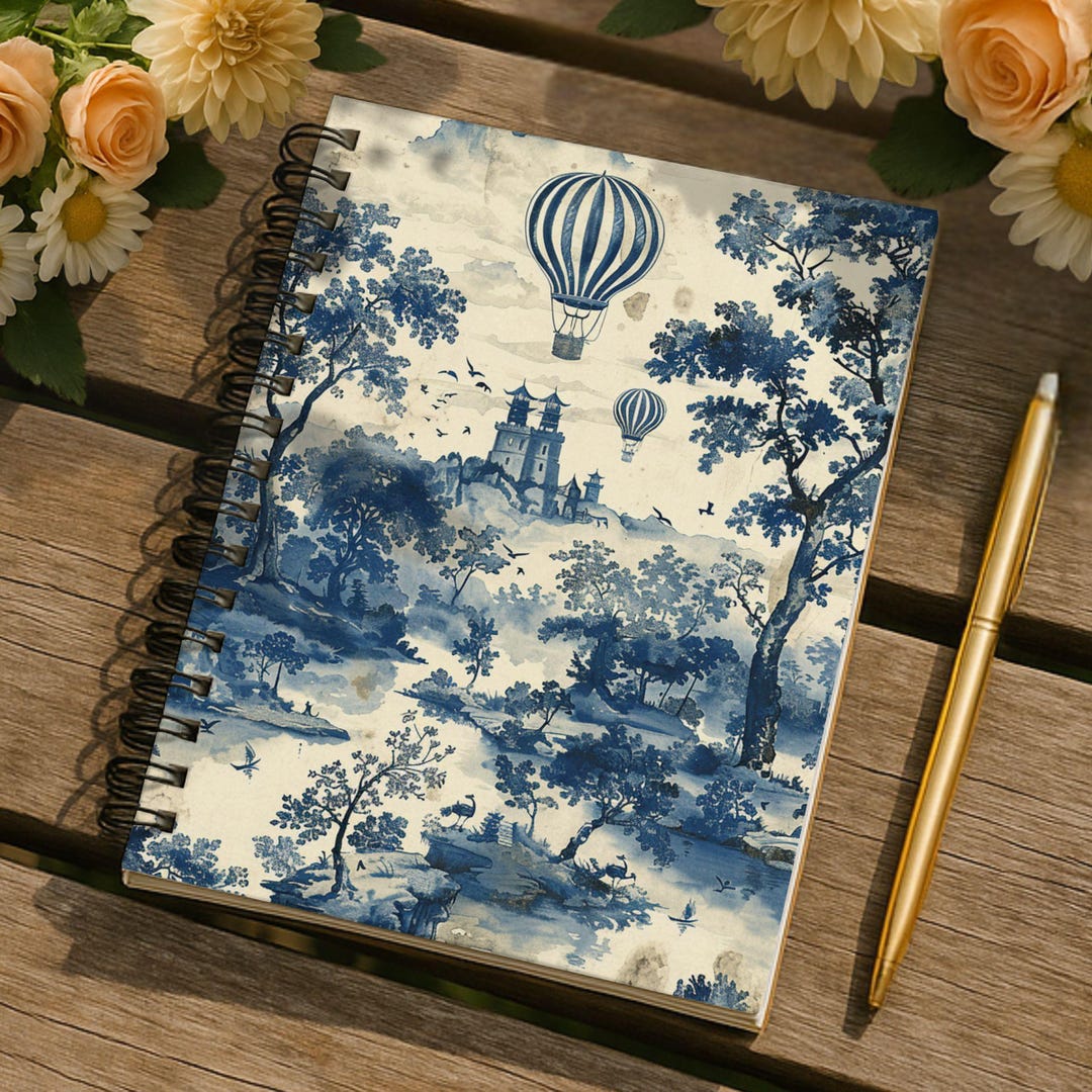 Blue Toile Hot Air Balloon Notebook | Spiral Ruled Journal - Etsy