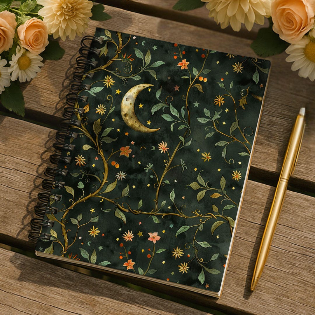 Crescent Moon Floral Notebook Spiral Ruled Journal | Botanical Night ...