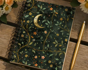 Crescent Moon Floral Notebook spiral ruled journal | botanical night sky
