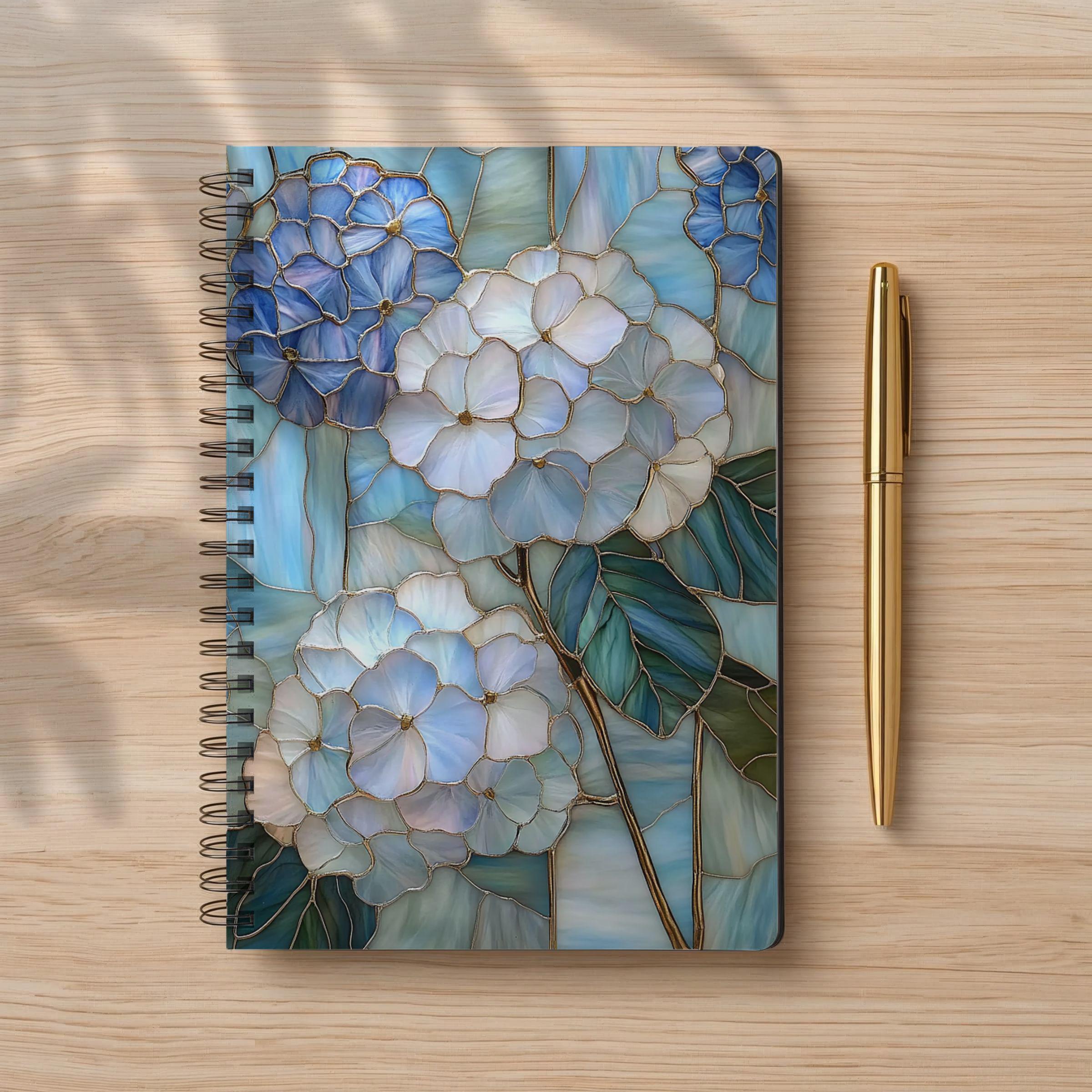 Blue Hydrangea Stained Glass Spiral Notebook | Floral Ruled Lined ...