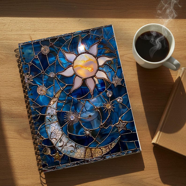 Sun and Moon Stained Glass Spiral Notebook | Celestial Stars Ruled ...
