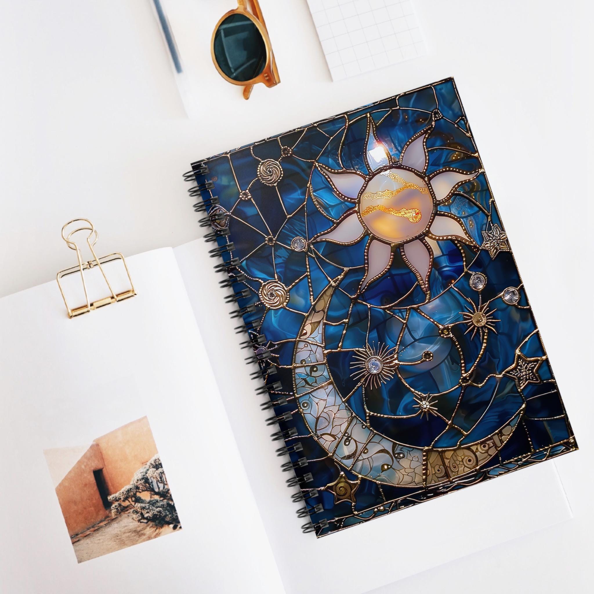 Sun and Moon Stained Glass Spiral Notebook | Celestial Stars Ruled ...