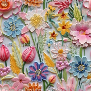 3D Floral Embroidery Seamless File | Spring Wildflower Digital Paper | 3D Wild Flowers Seamless Pattern | Pastel Colors Repeat Pattern