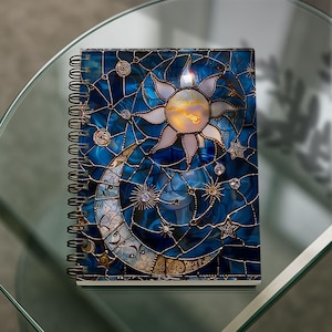 Sun and Moon Stained Glass Spiral Notebook | Celestial Stars Ruled ...