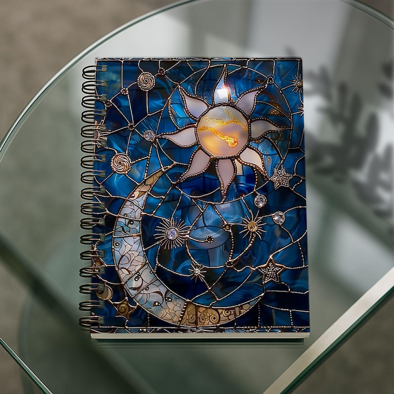 Sun and Moon Stained Glass Spiral Notebook | Celestial Stars Ruled ...