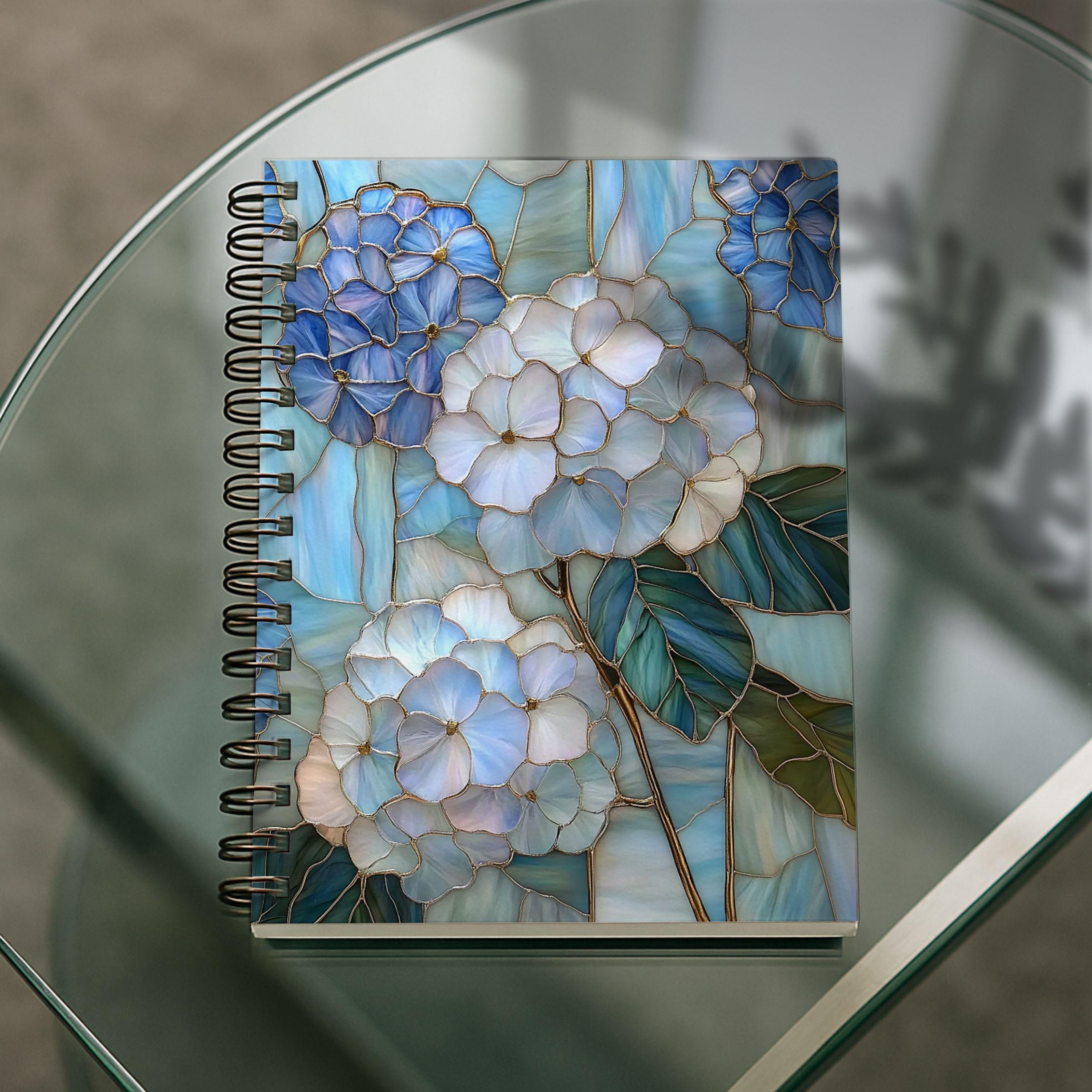 Blue Hydrangea Stained Glass Spiral Notebook | Floral Ruled Lined ...