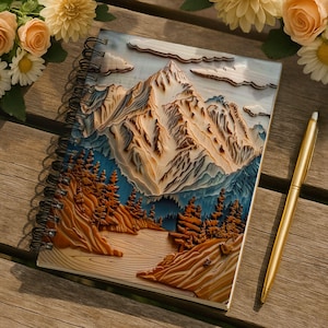 May include: A spiral-bound notebook with a detailed, three-dimensional mountain landscape design on the cover. The cover features a carved relief of mountains, trees, and clouds in shades of brown, blue, and white. A gold pen rests beside the notebook.