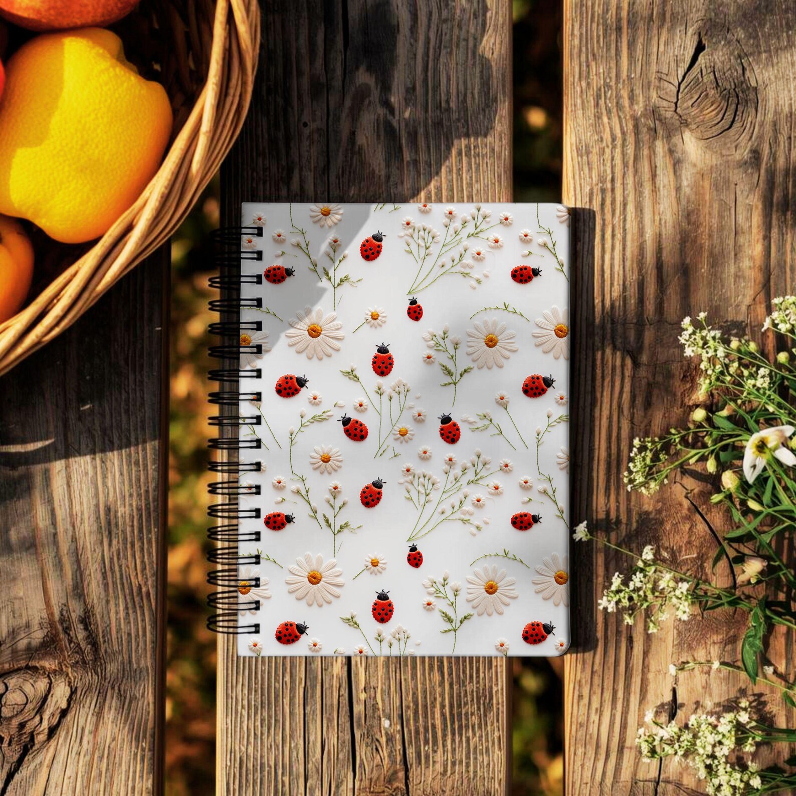 Ladybug Daisy Pattern Spiral Notebook | Spring Floral Ruled Journal - Etsy