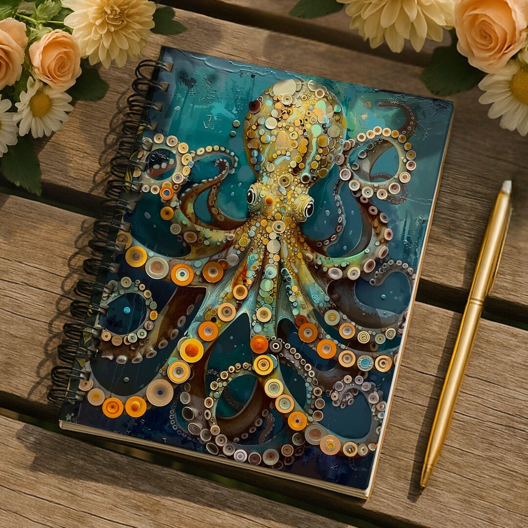 Octopus Notebook Golden Octopus Spiral Notebook | Marine Life Art Ruled Lined Journal - Etsy