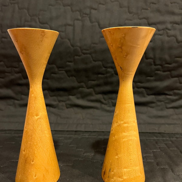 Vintage pair birdseye maple wood candle holders