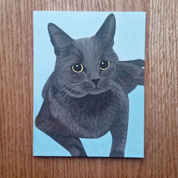 Cute Russian Blue Cat Greeting Card for Birthdays, Thank You Notes, Holidays, Condolences, Blank Inside