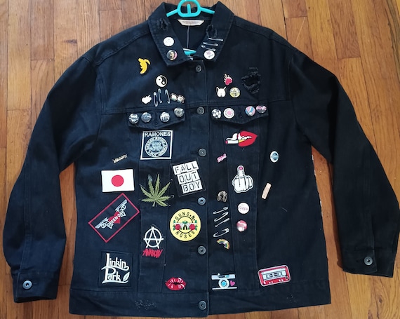 Womens Black Battle Jacket Denim Jean Large Rocker Punk Goth 80s