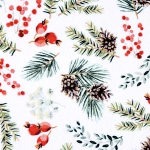 May include: White fabric with a repeating pattern of green pine needles, brown pine cones, red berries, and white flowers. The design has a watercolor effect, creating a festive, natural theme.