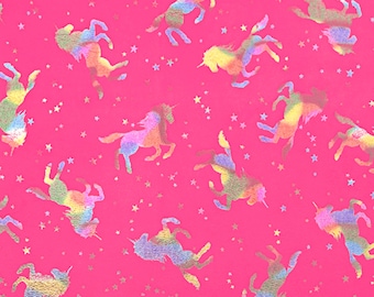 May include: A pink fabric with a repeating pattern of iridescent rainbow unicorn silhouettes and silver stars.