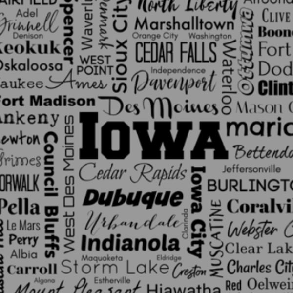Iowa fabric yardage. IA Cities cotton material by the fat quarter or yard.