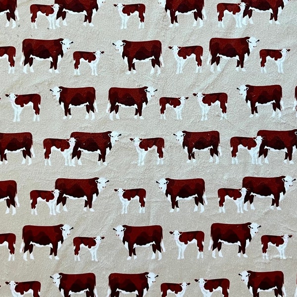 Hereford minky fabric remnant. 18 by 18 inch. Tan or blue soft cow or cattle print material.